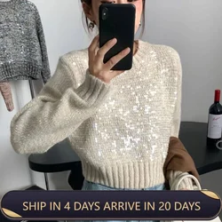 Women's French Style Sparkly Knitted Top Autumn Winter Short Sweater Lazy Round Neck Heavy Duty Super Nice Top