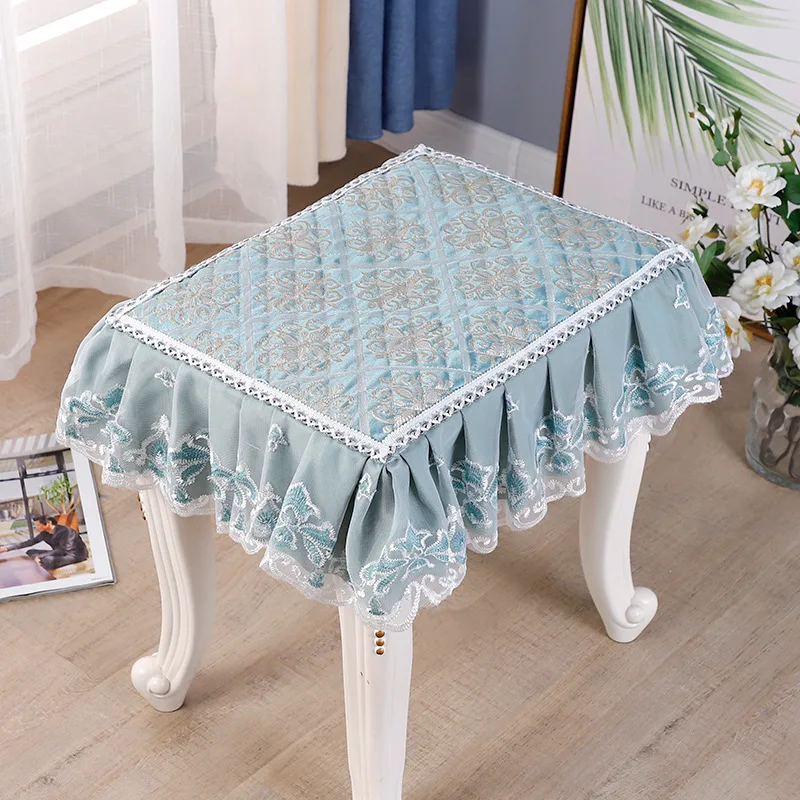 European Quilted Small Square Stool Covers Comfortable Non-Slip Lace Seat Cushion with Strap Soft Home Decor for Bedroom Balcony