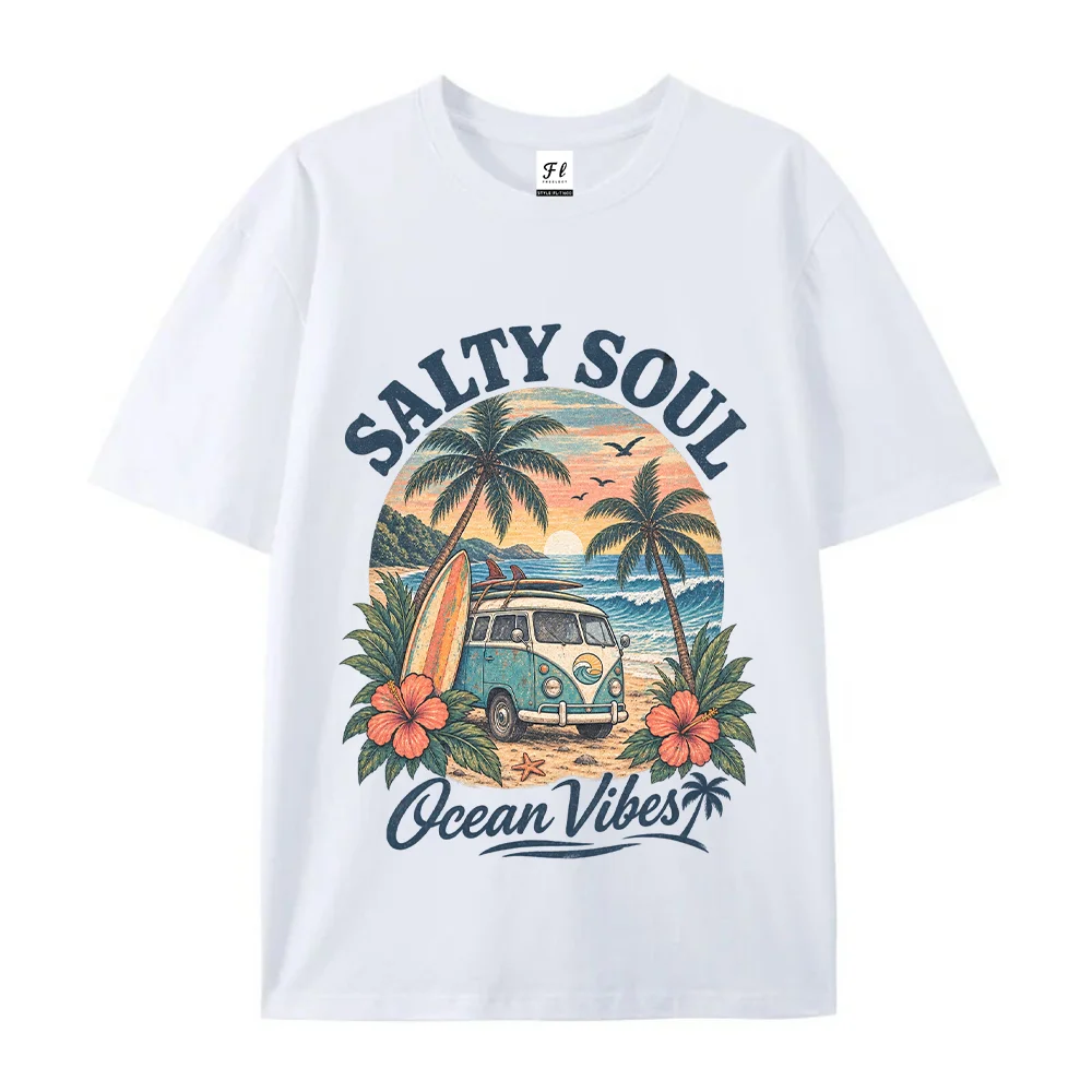 Unisex T Shirt Vintage Surf Camper Van Salty Soul Ocean Vibes Graphic Summer White Short Sleeve Loose Cotton Tops