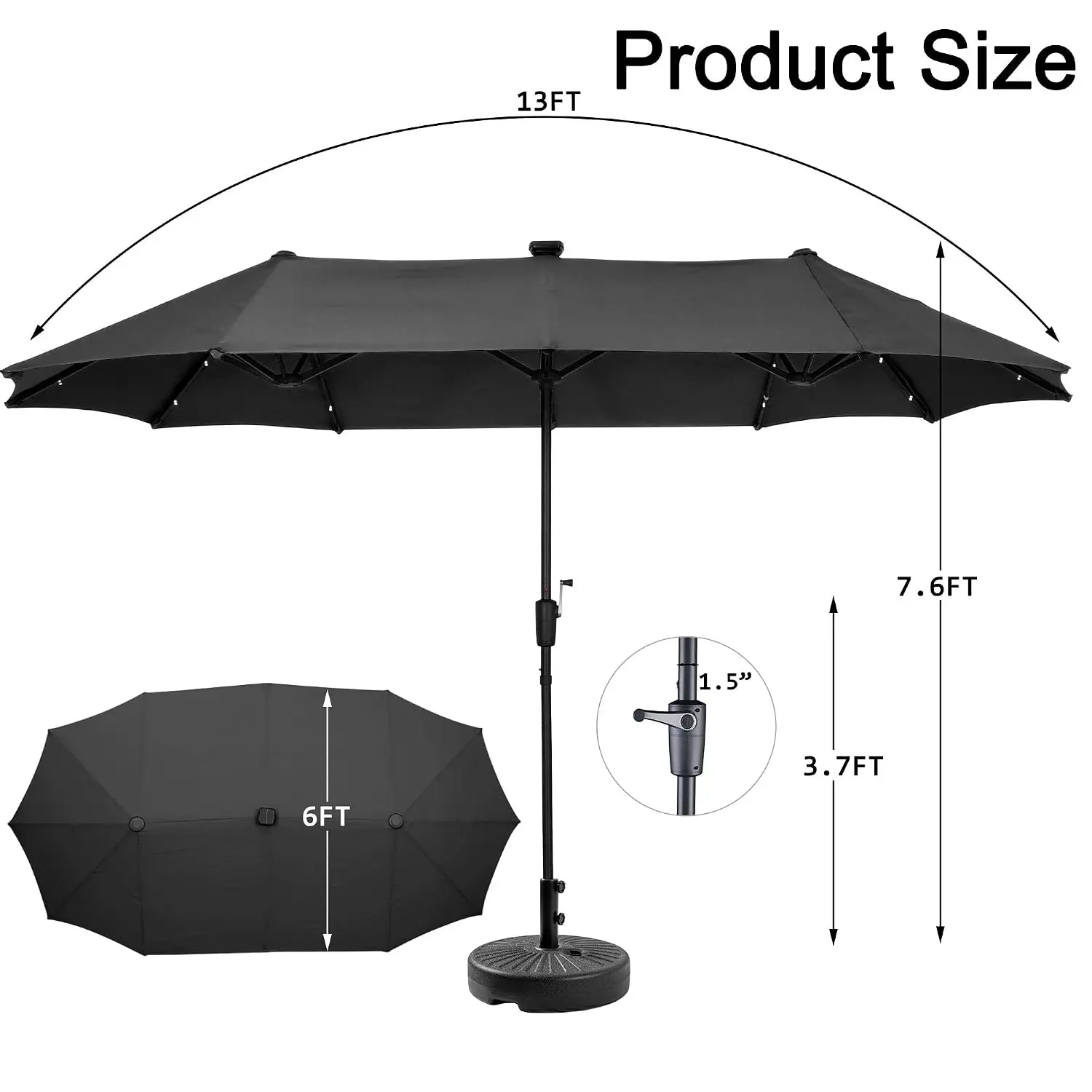 13ft Rectangle Patio Umbrella with 36 LED Lights Solar Powered Outdoor Umbrella with Base Strap Crank Black, Customized