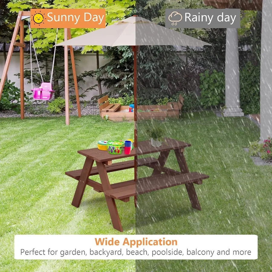 Natural Wooden Picnic Table Bench Set with Removable Umbrella for Outdoor Use in Backyard and Garden Durable and Stylish Patio