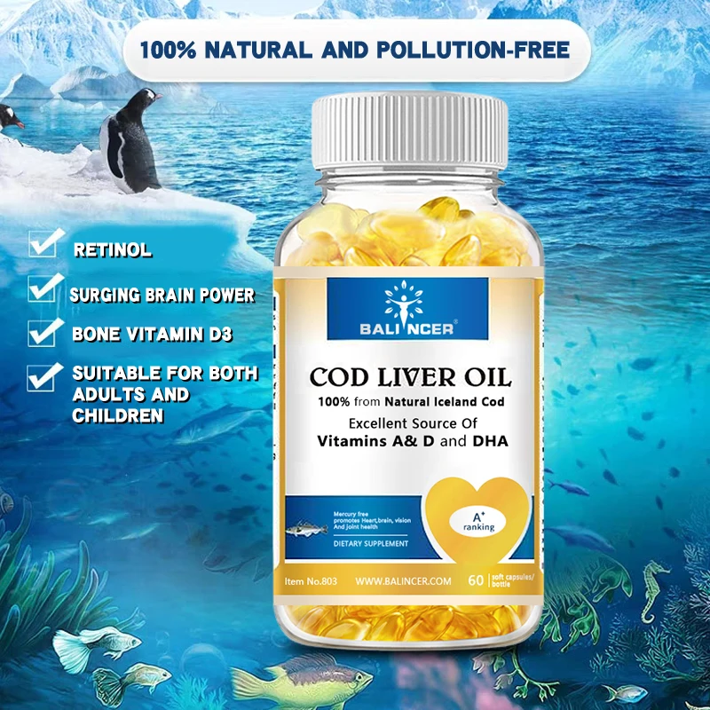 Pure Cod Liver Oil with Vitamins A, D, and DHA Supports Clear Vision, Healthy Bones, and Intellectual Development （1-10bottle）