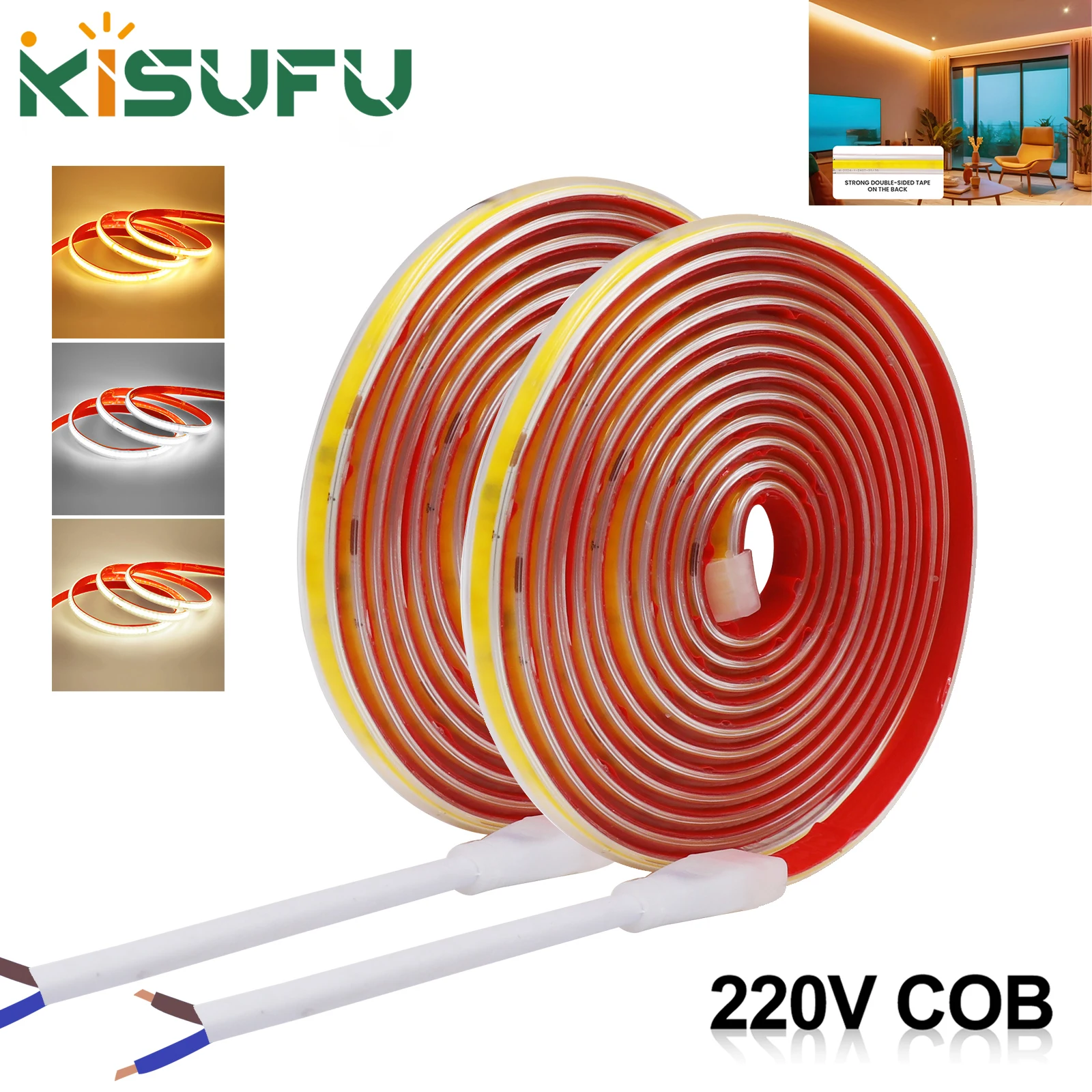 AC 220V COB Strip 240Leds/M IP65 Waterproof 3000K 4000K 6000K Flexible Ribbon Rope LED Light 10CM Cut Self Adhesive Diode Tape