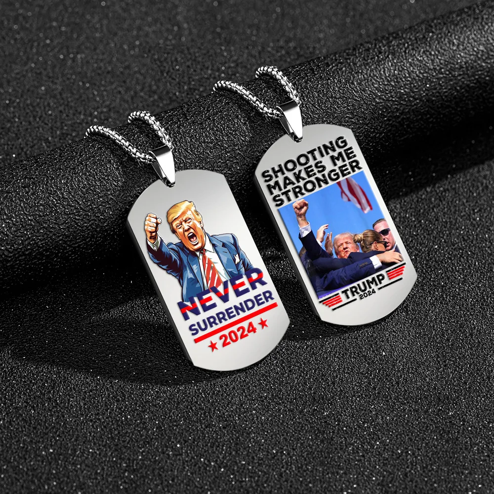 Never Surrender 2024 Trump Pendant Necklace Fashion Titanium Steel Jewelry Shot Assassinated Fight Necklaces Unisex Choker Chain