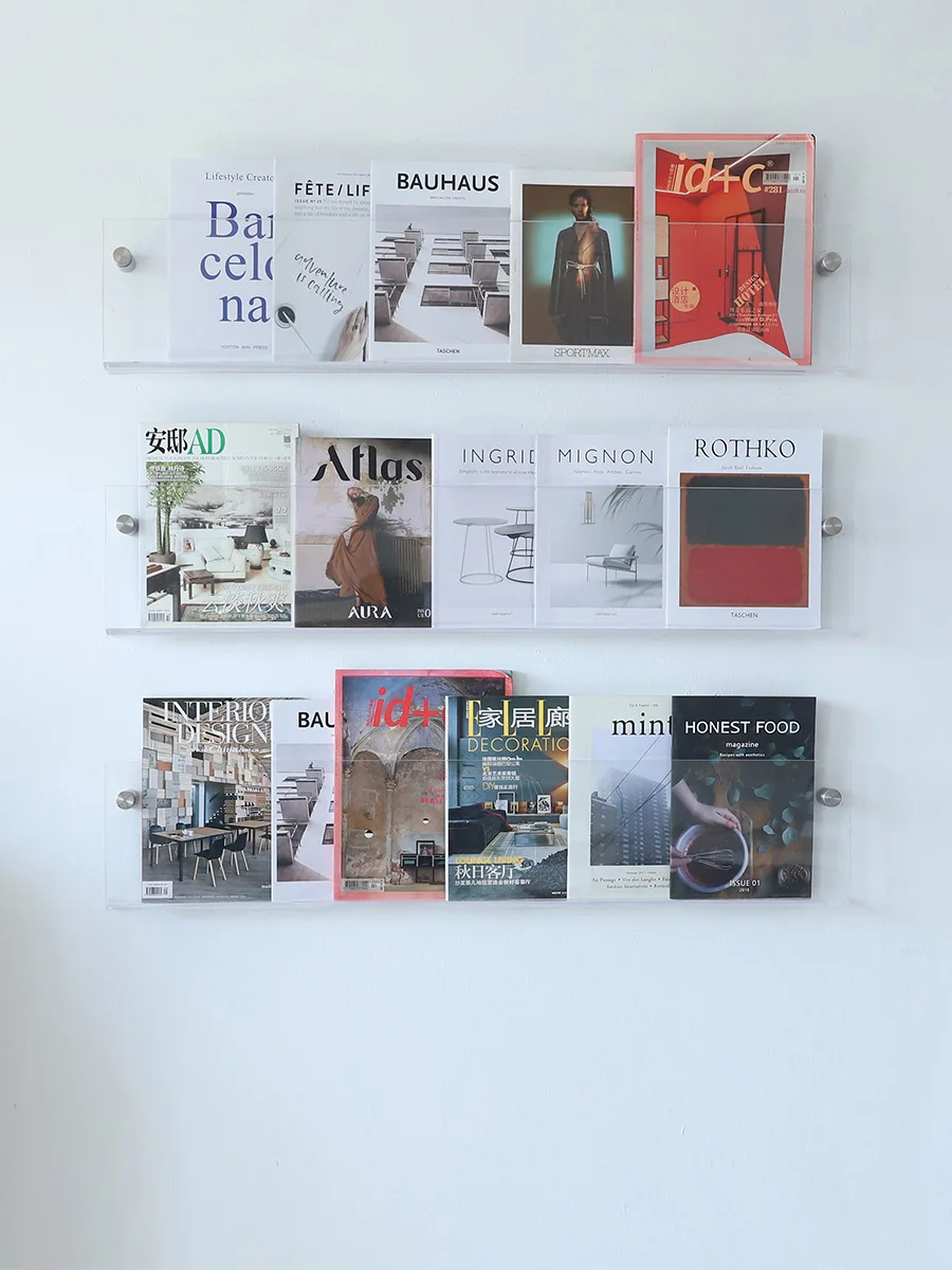 

Customized Acrylic Transparent Book Shelf Studio Display Stand Wall-Mounted Picture Book Stand Modern Wall Simple Magazine Rack