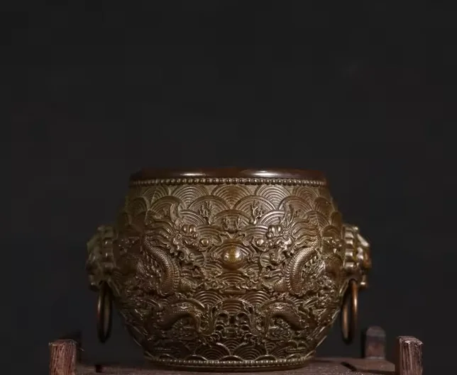 Pure Copper Double Dragon Playing with Pearl Double Ring Lion Head Dragon Pattern Vase Home Desktop Ornament Collection