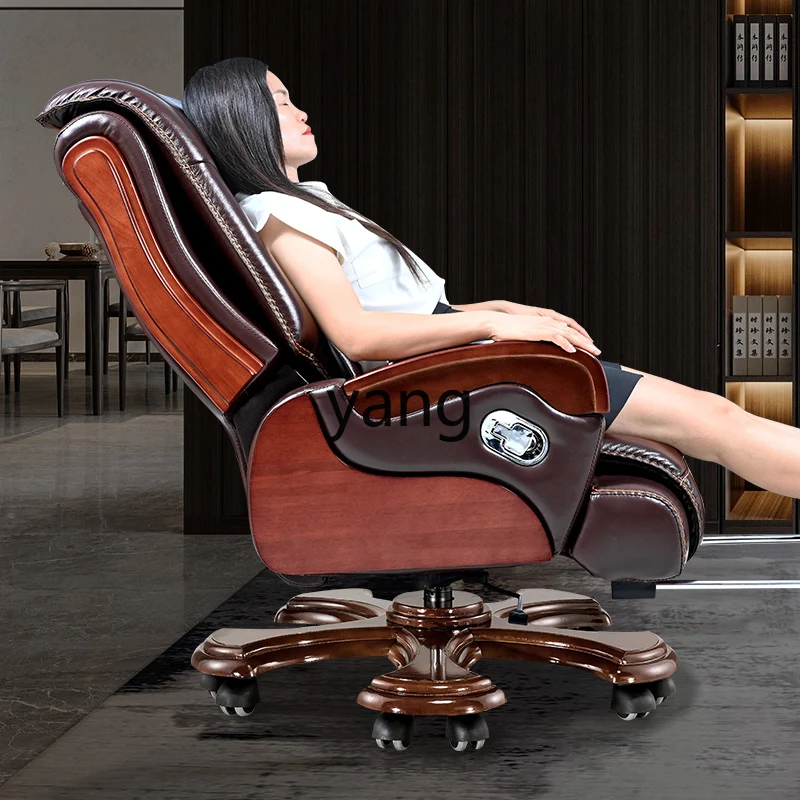 TGF High-end Elegant Business Chair Solid Wood Leather Office Chair Reclining Home Computer Chair