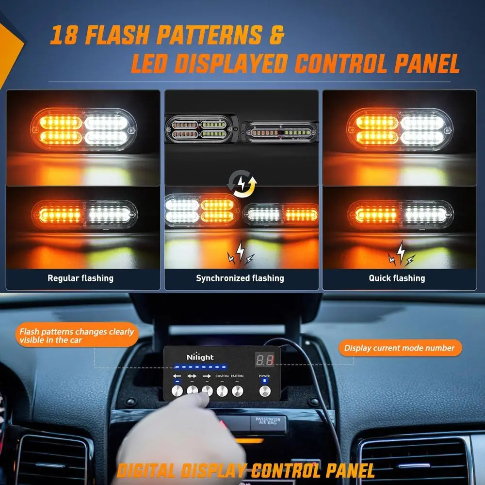 مصابيح ستروب LED متزامنة باللونين الكهرماني والأبيض 12 فولت مع 1224 مصباح LED، وحدة تحكم، ضمان لمدة عامين للمركبات