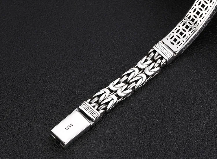 S925 Sterling Silver Men's Personality Six Character True Word Peace Pattern Bracelet Thai Silver Retro Trendy Retro Emblem Buck