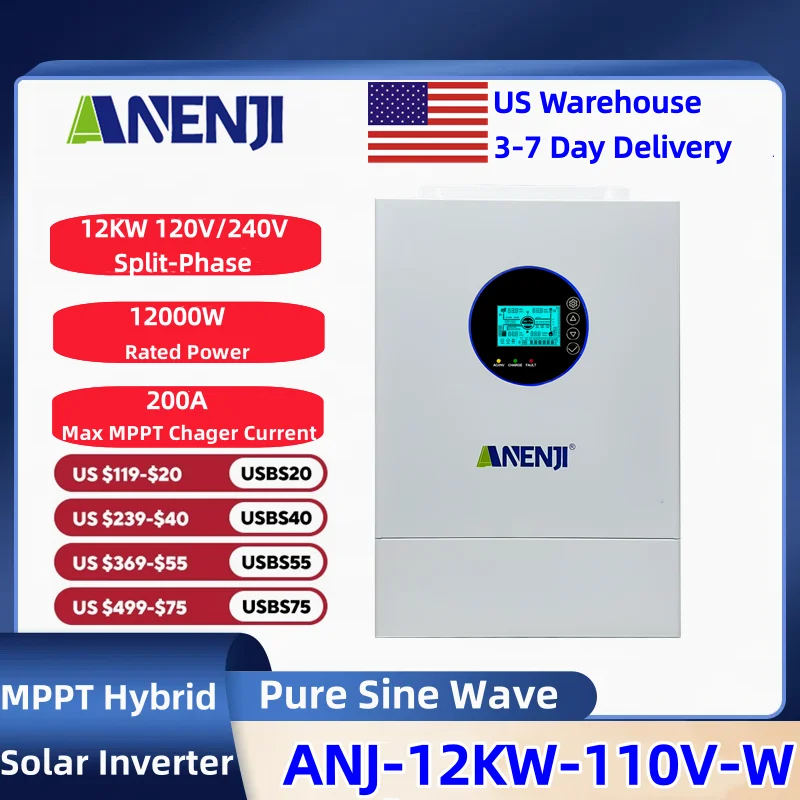 ANENJI Split-phase 120V/240V 12KW Hybrid Solar Inverter Pure Sine Wave Built-in 200a MPPT Solar Charge Controller With CT Sensor