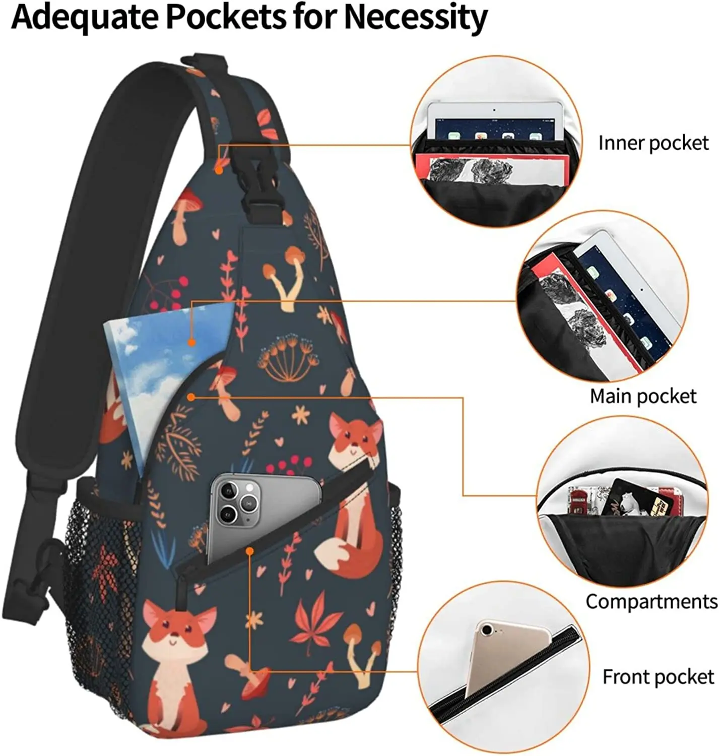 Unisex Mannen Vrouwen 3D Gedrukt Vos Dieren Sling Bag Crossbody Borst Dagrugzak Lichtgewicht Casual Rugzak Schoudertas Voor Outdoor