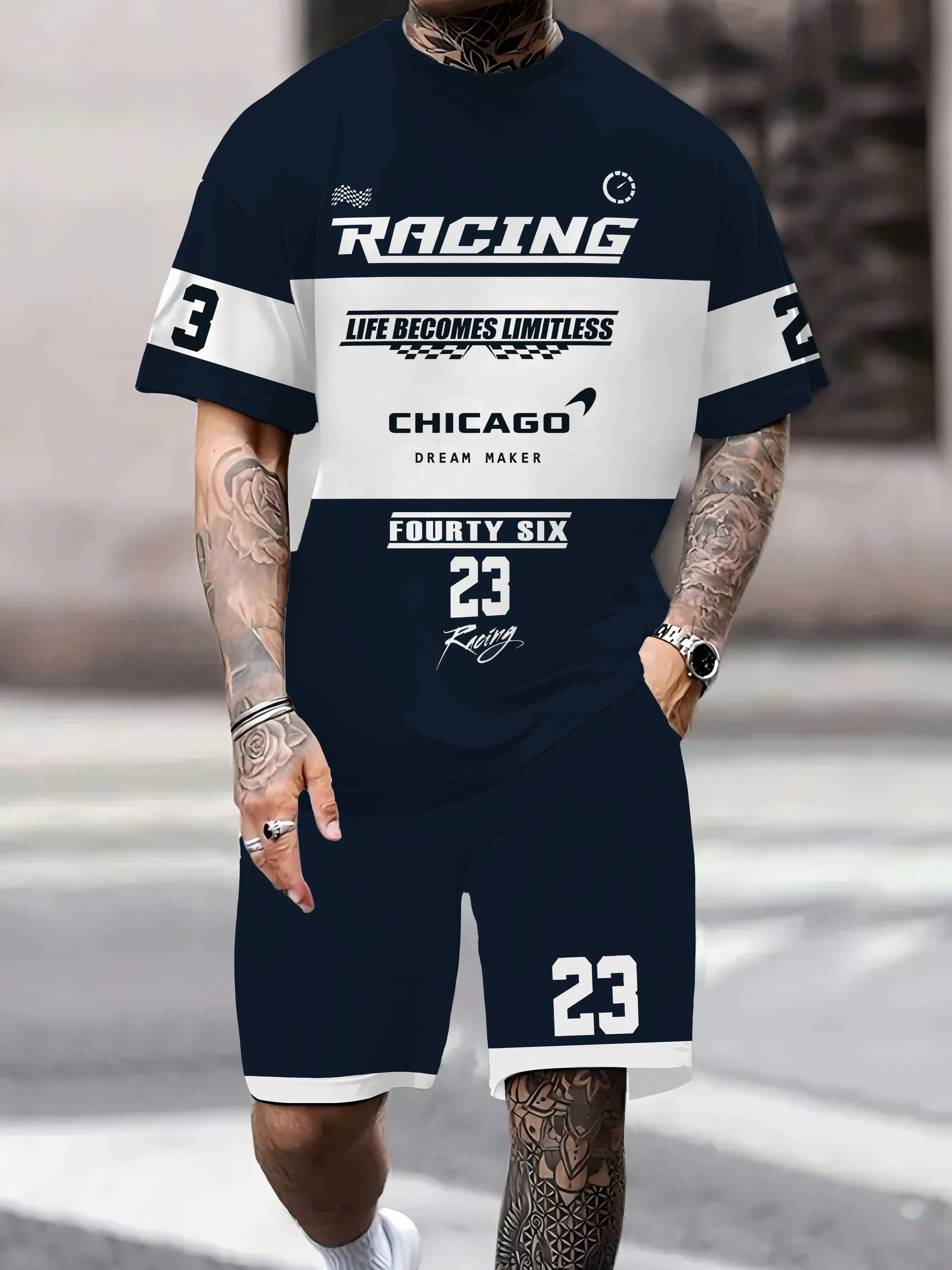 

2025 Summer New Men's Racing Theme Checkered Flag Pattern Letter 3D Printed T-shirt Round Neck Men's Set Short Sleeve Shorts Sum