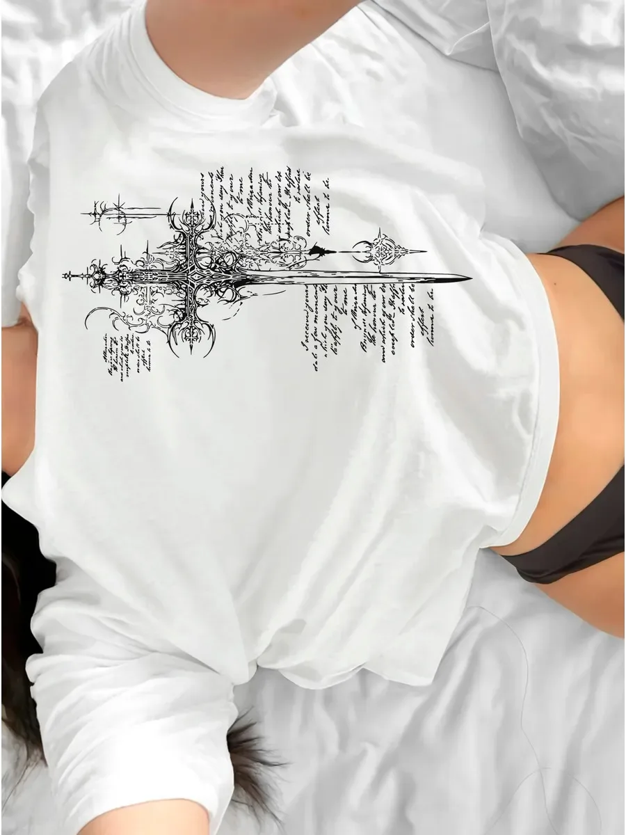 Women White Short Sleeve T‑Shirt Dark Gothic Sword Cross Script Print O‑Neck Loose Punk Streetwear Ladies Casual Top