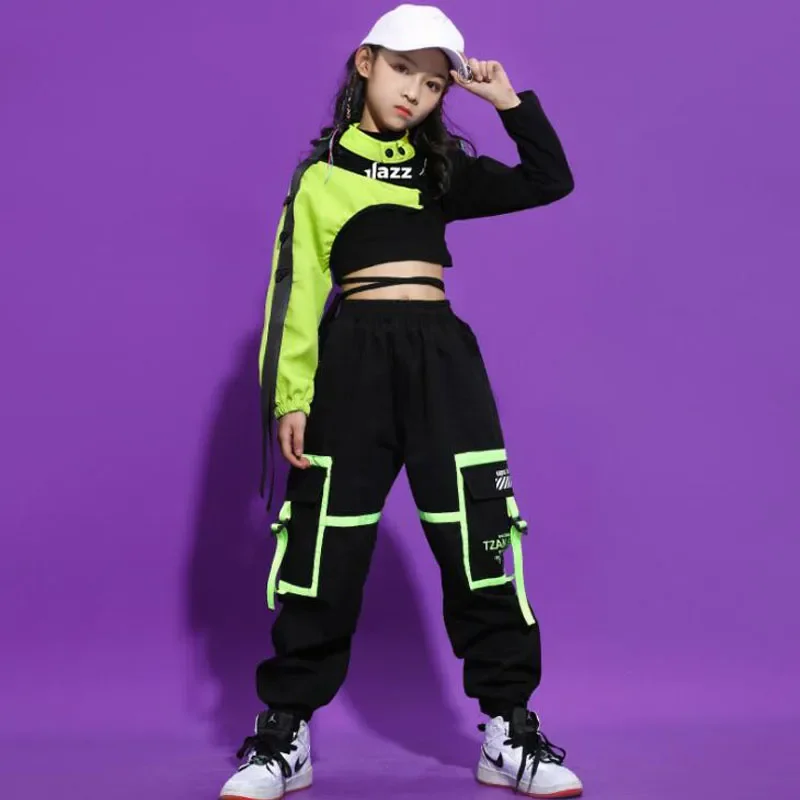 Pantaloni Cargo tattici per ragazze costumi da ballo Jazz abbigliamento per bambini sala da ballo abbigliamento Hip Hop abiti Crop Top felpa Streetwear