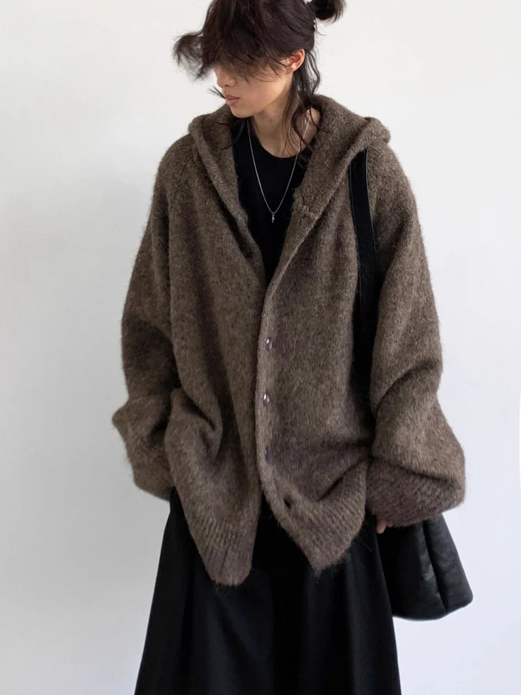 

Retro Japanese Sle Hooded Knitted Open Cardigan Men's Casual Loose Base Layer Warm Outerwear Autumn Winter New Arrival