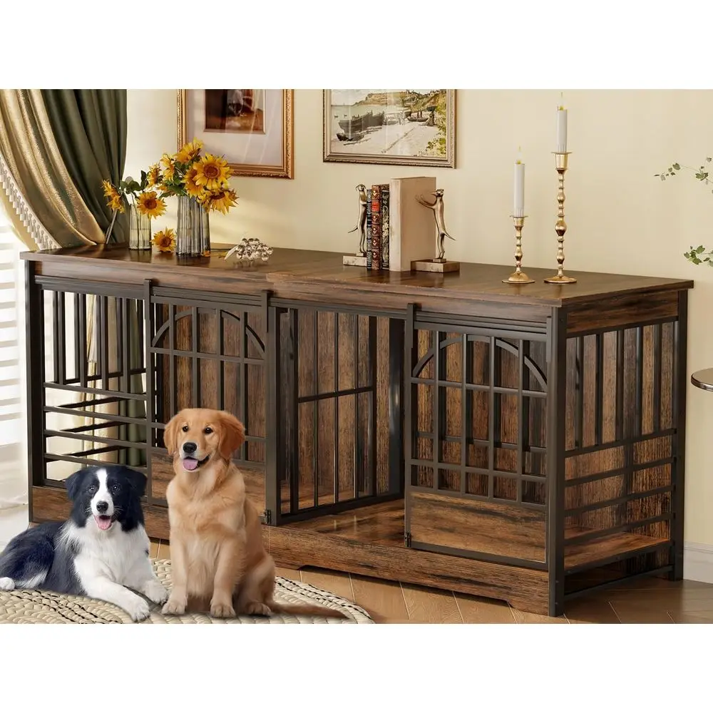 

78 Inch Double Dog Crate urniture, Extra Large Dog Kennel Indoor with Divider, Heavy Duty Dog Cage or 2 Dogs, Decorative Wooden