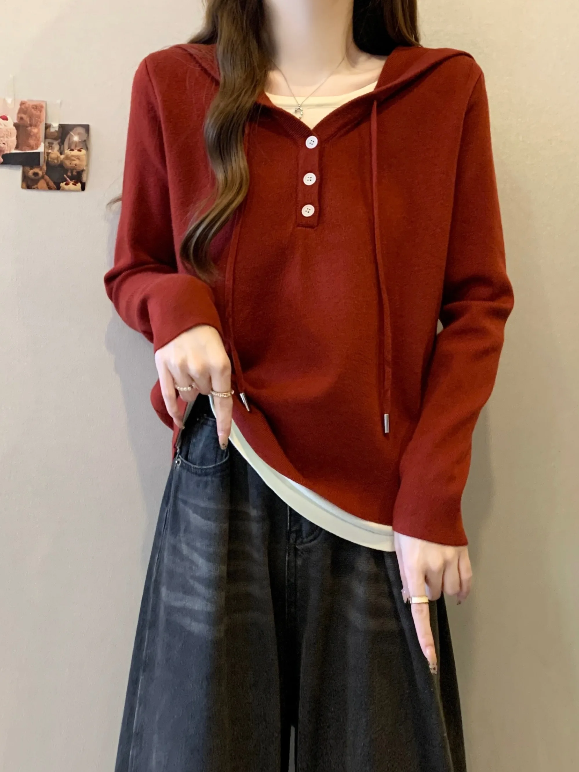 

Женская красная толстовка Ankela: ранневесенняя, больших размеров, стройнящая, имитация двухслойности, шикарный вязаный топ с длинным рукавом в корейском стиле для повседневной носки