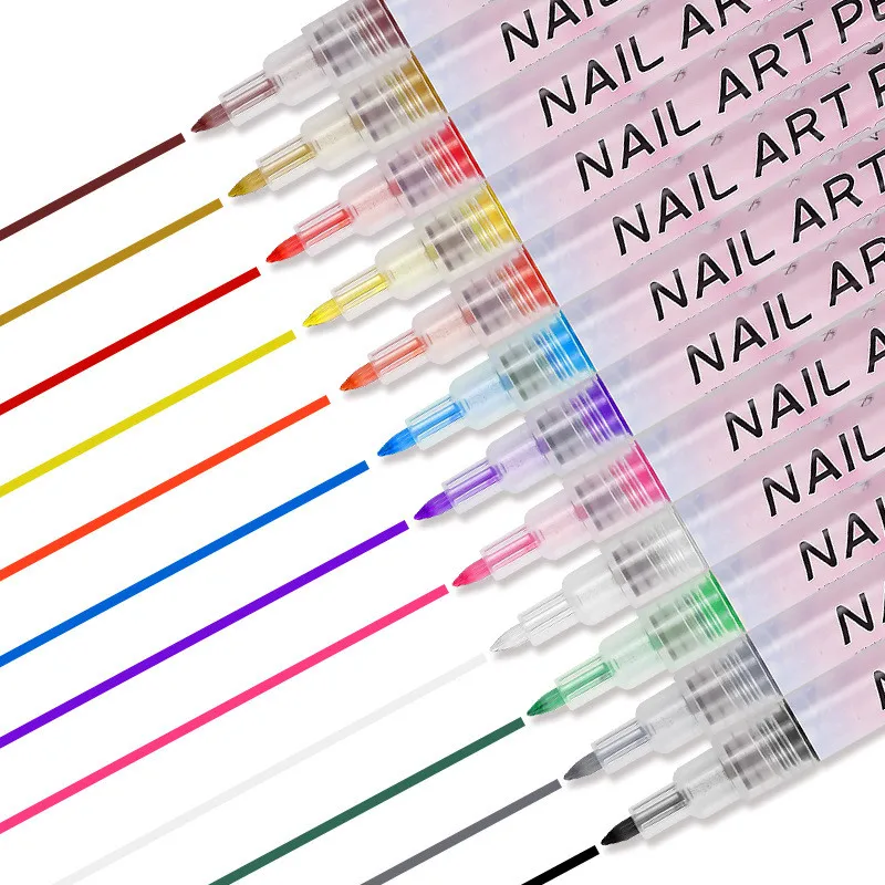 12Pcs/Set Colourful Waterproof Nail Art Graffiti Pen DIY 3D Nail Art Drawing Pen Abstract Line Manicure Tool Painting Liner'\][;