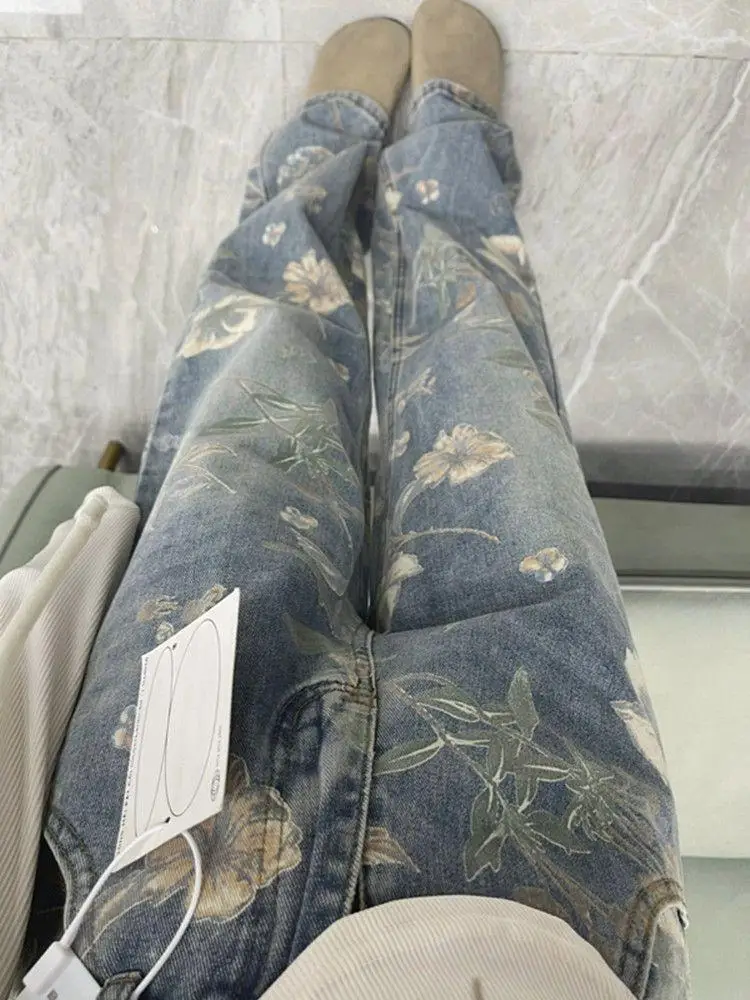 Calça jeans retrô feminina e masculina com estampa floral reta, larga e larga, casual para casais, moda americana de hip-hop Y2K