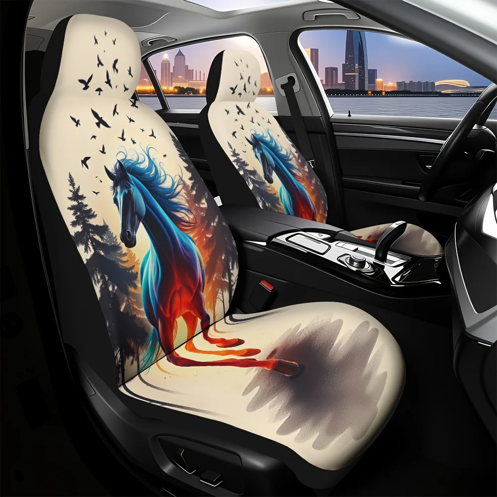 2pcs Cosmic Horse Dream Print Front Seat Covers - Vibrant & Red Horse Design, Durable Polyester, Easy To Install, Perfect For Da