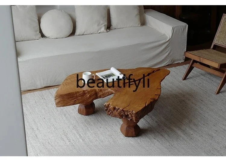 LXWabi Sanfeng log coffee table retro old bed and breakfast living room solid wood special-shaped irregular tree
