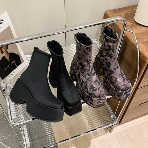 Punk Style Platform Women Ankle Boots Fashion Leopard Short Booties Vintage Thick Heels Ladies Shoes