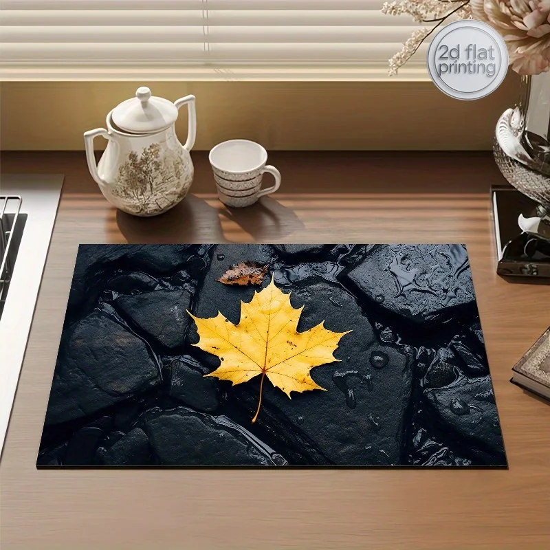 1pc Tapete de Secagem de Louça com Estampa de Folha de Bordo de Outono - Tapete de Cozinha Absorvente de Poliéster para Louças, Máquina de Café, Pia, Lavadora