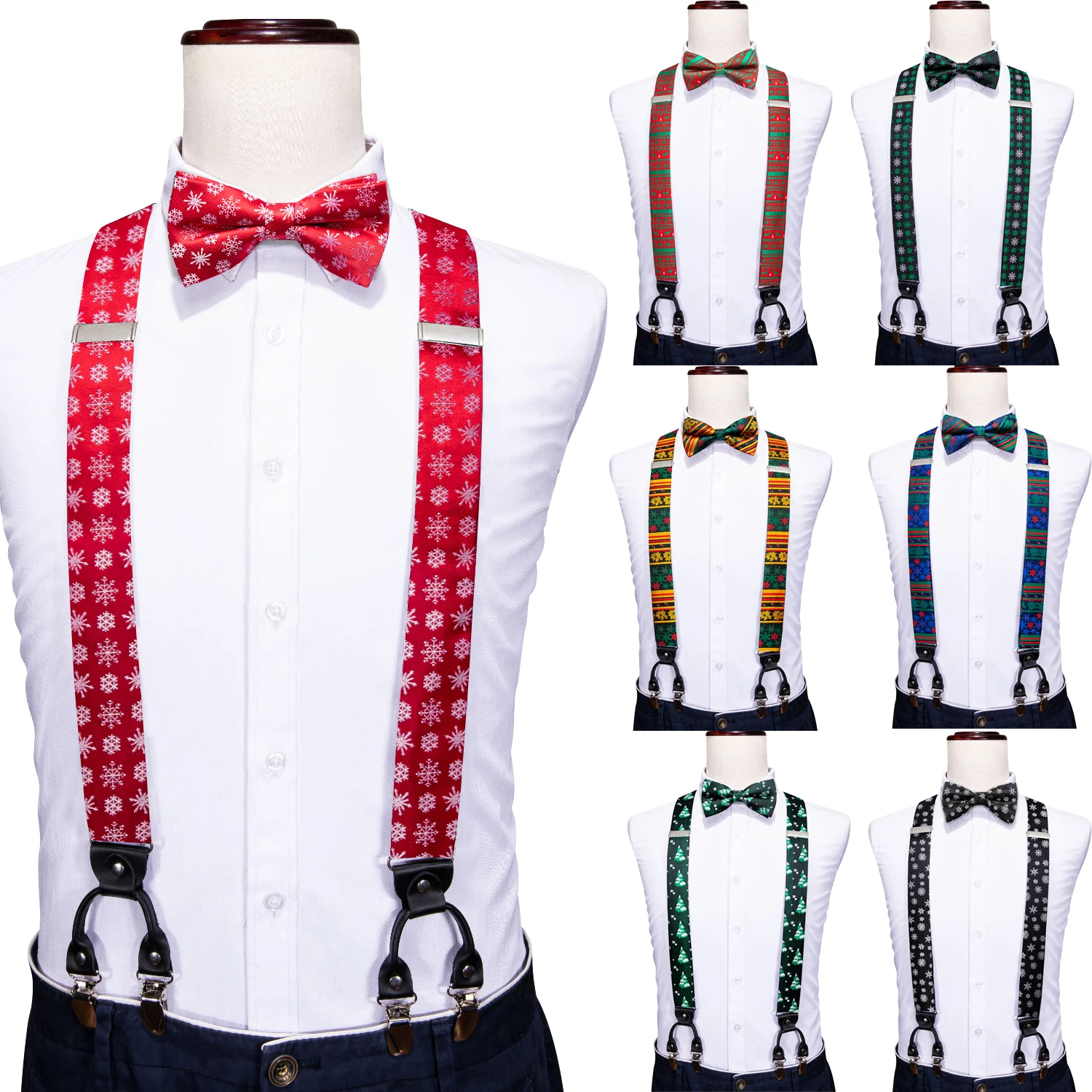 Barry.Wang Silk Christmas Mens Suspender Xmas Adjustable 6 Clips Y Back Braces Bowtie Handkerchief Cufflinks Set Red Green Black