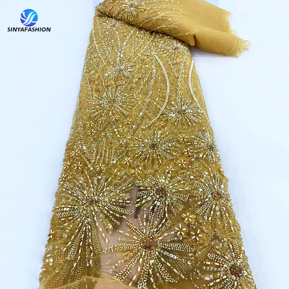 Sinya Orange Gold White African Nigerian Diamond Beads Sequins Heavy Wedding Lace Fabric 5 Yards High Quality Luxury Beaded Lace