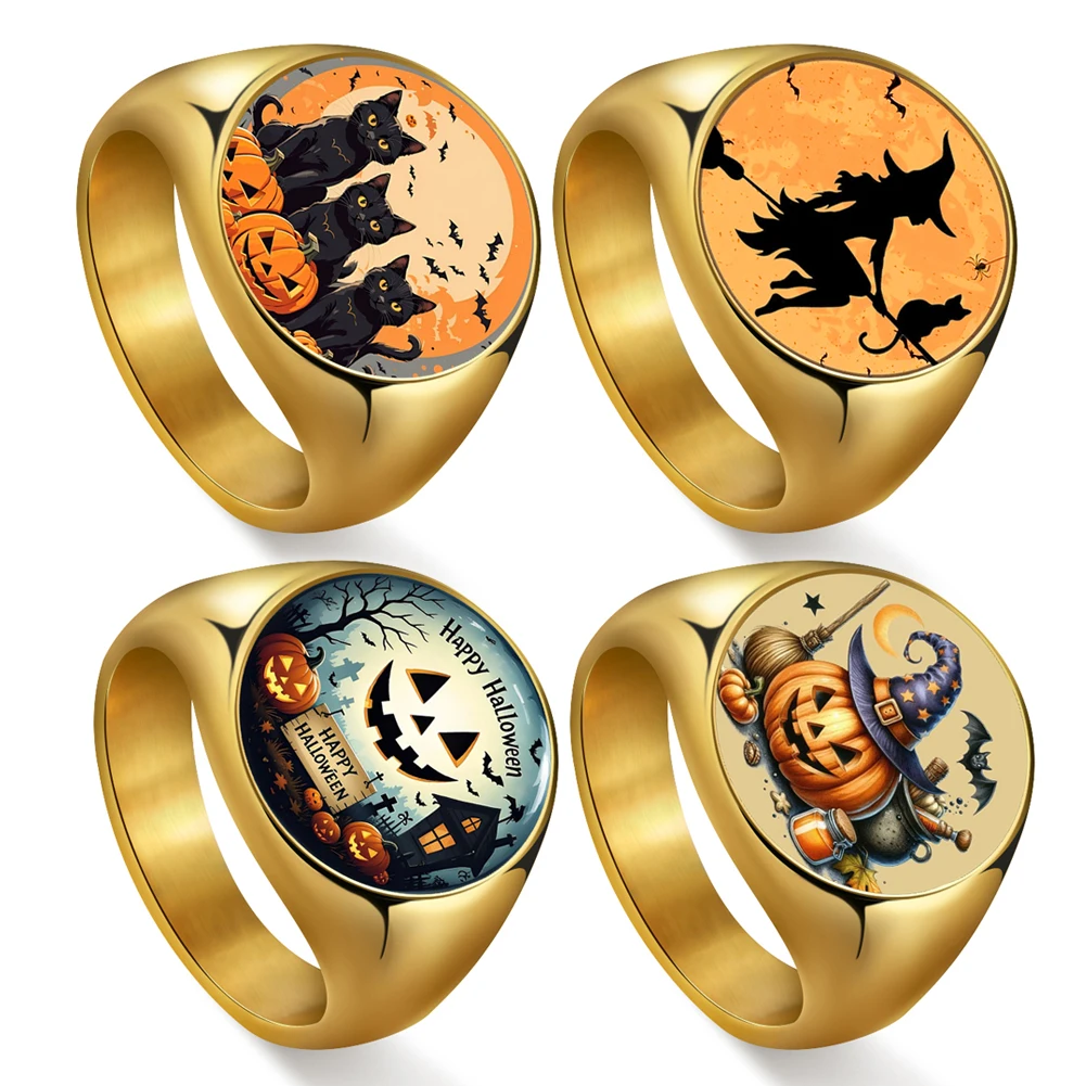 Halloween Theme Rings Classic Pumpkins Witch Cats Bats Gothic Castle UV Colorful Carved Ring Stainless Steel Jewelry