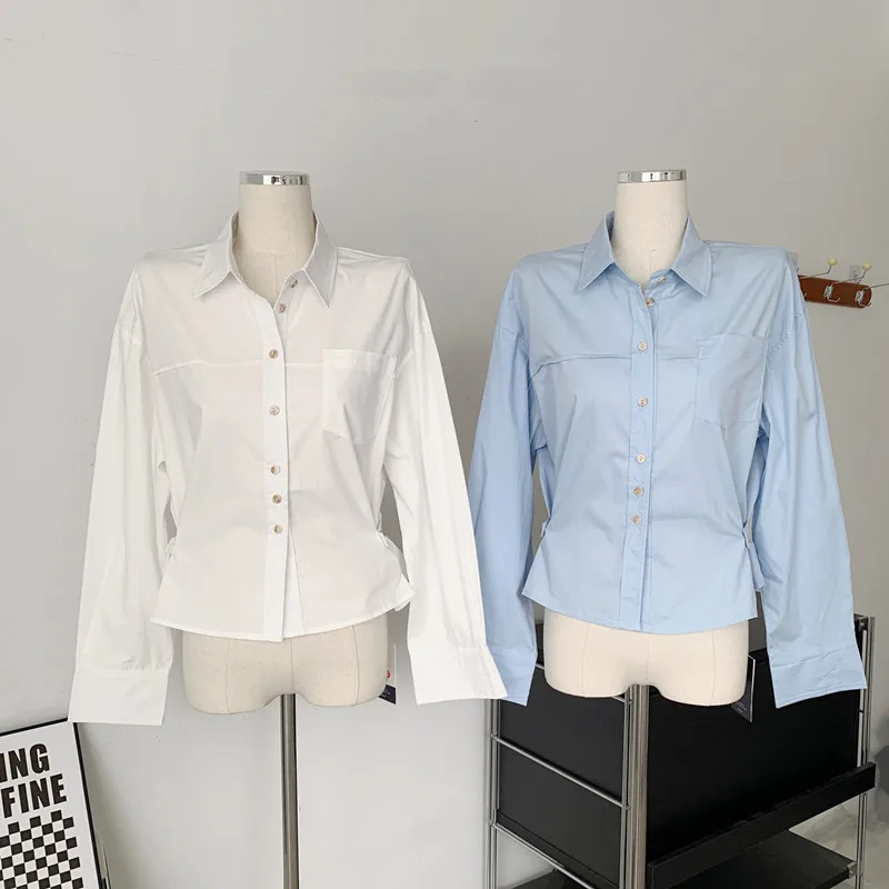 Chemise en coton avec poches pour femmes, nouveau, col Polo, manches longues, chemisiers décontractés, à la mode coréenne, 2023, printemps, automne, 7461