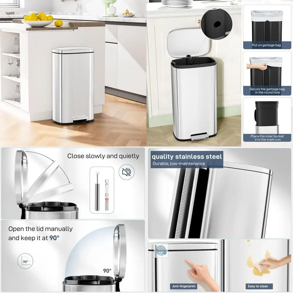 

30L Stainless Steel Step Trash Can with Removable Inner Bucket, Touch-Proof Lid for Kitchen and Home
