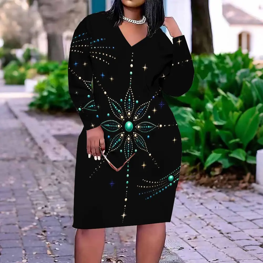 Women Black V Neck Long Sleeve Fitted Dress, Printed with Star and Geometric Dotted Motifs