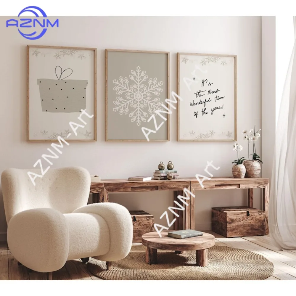 1/3PCS ，Winter Snowflakes and Christmas Gifts Canvas Print Happy Christmas Quotes Wall Art Posters for Living Room Home Decor