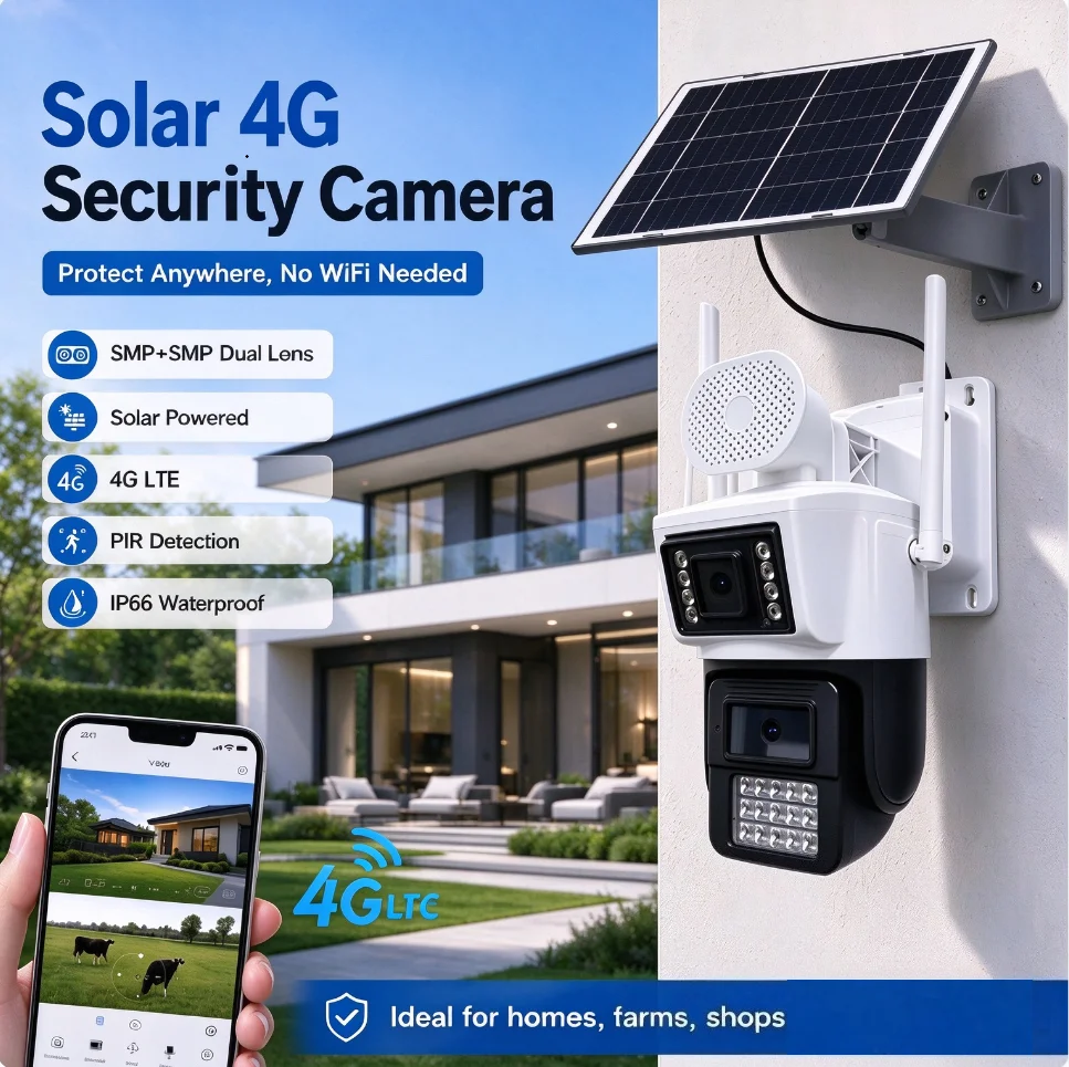 AOV 4G Solar Security Camera Dual Lens 3MP+3MP Color Night Vision Waterproof PTZ Two Way Audio Cam Free Data Cloud TF