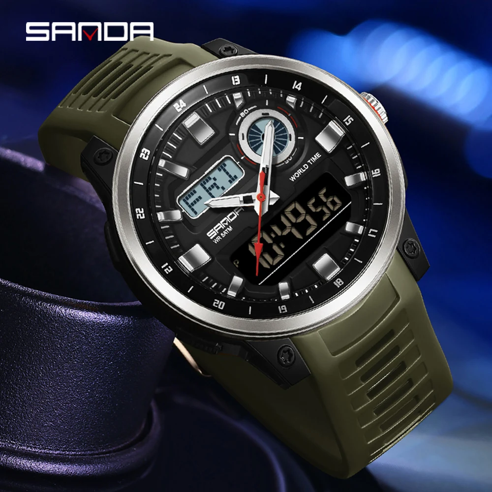 

SANDA 3389 Новинка 2025 года, мужские спортивные кварцевые электронные цифровые светодиодные часы с двойным дисплеем, водонепроницаемые военные противоударные часы