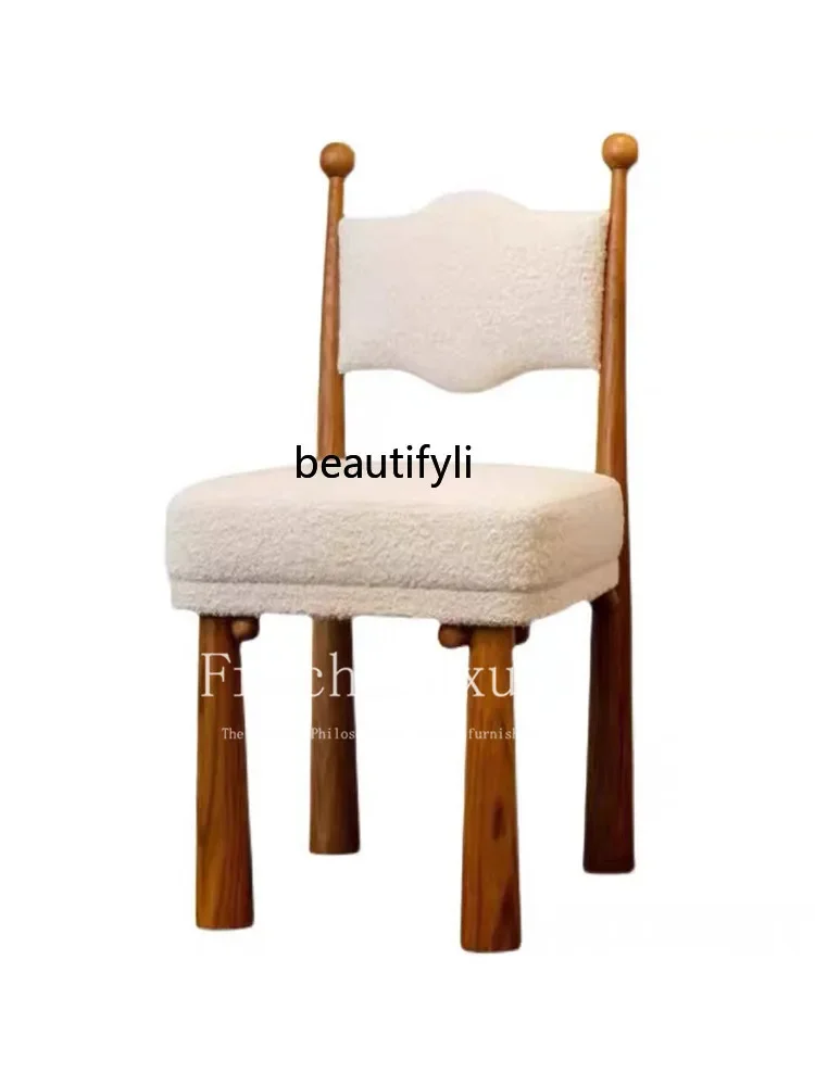 Nordic retro designer solid wood dining chair simple home light luxury bedroom lamb wool dressing chair girl makeup chair