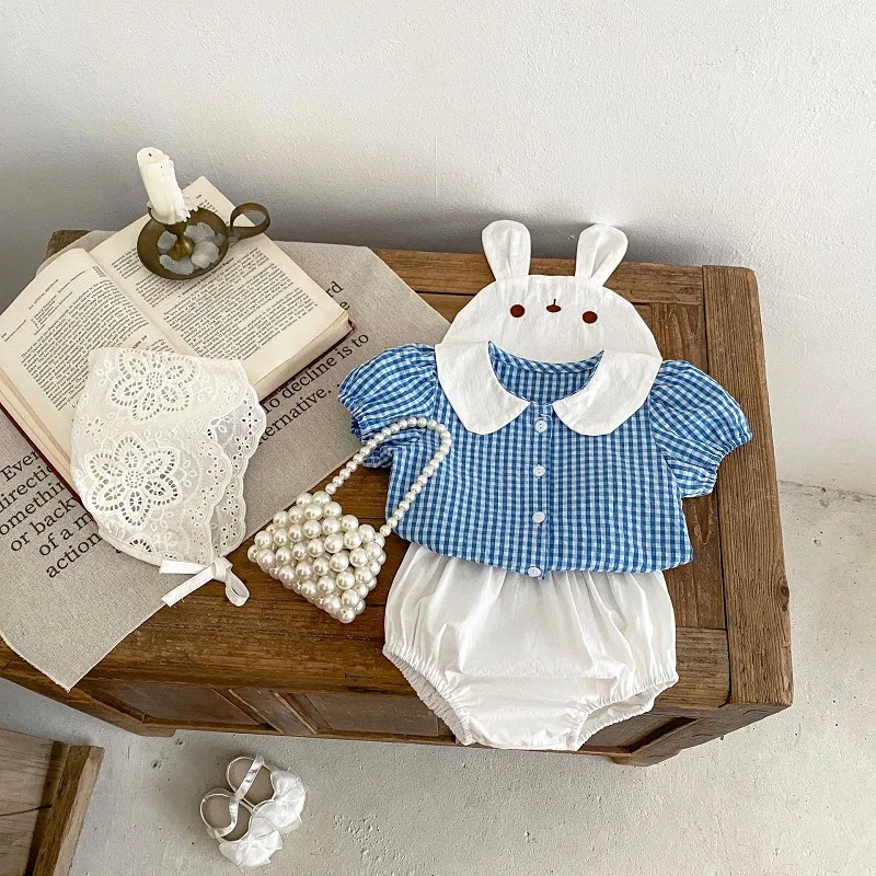 

2024 Summer Baby Girl Clothes Set 0-3Years Newborn Kids Short Sleeve Bunny Collar Plaid Shirt Tops+Bloomers Shorts 2PCS Outfits