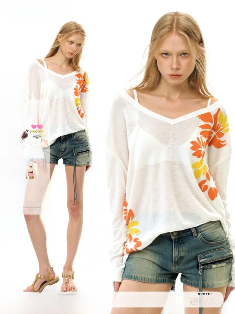 

Оригинальная серия Deleteex для летних каникул, свободная посадка, прозрачная на ощупь, с колючкой, большая V-образная хлопковая футболка