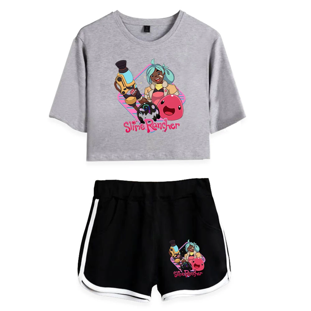 Cartoon Cute Simulation Game Slime Rancher Print Cool Sexy Shorts+lovely T-shirts Dew navel Pretty Girl suits Two Piece Set