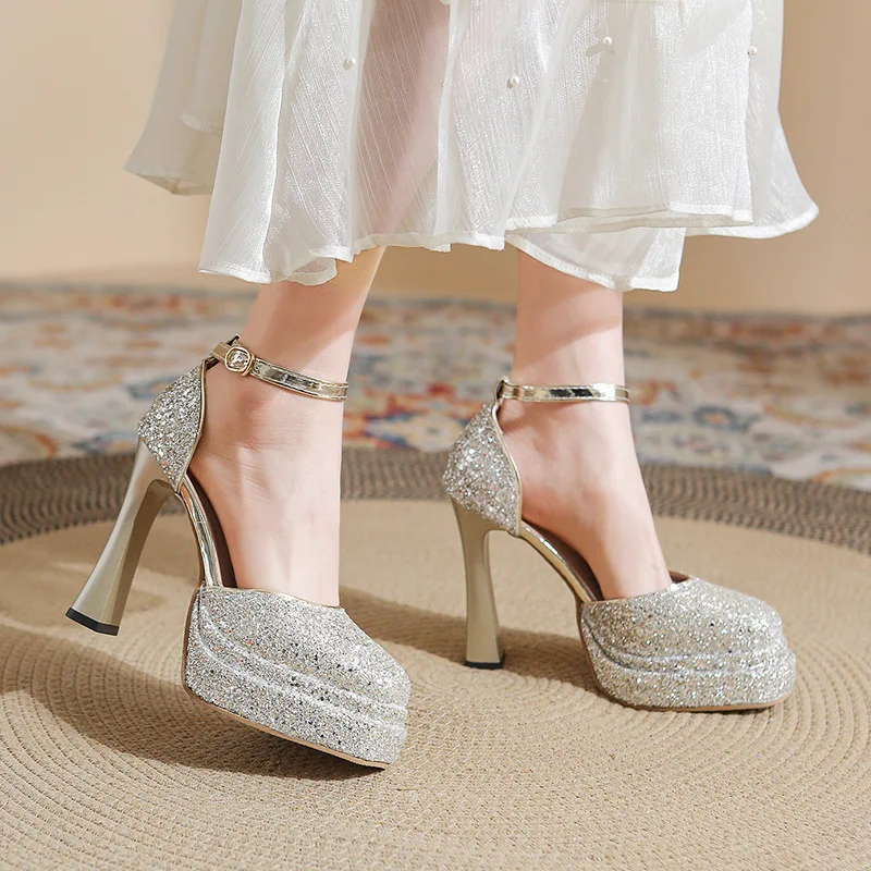 

Waterproof Platform High Heels Thick Heel Crystal Shoes with Dress Host Small Champagne Wedding Shoes Bride Shoes Women 12cm