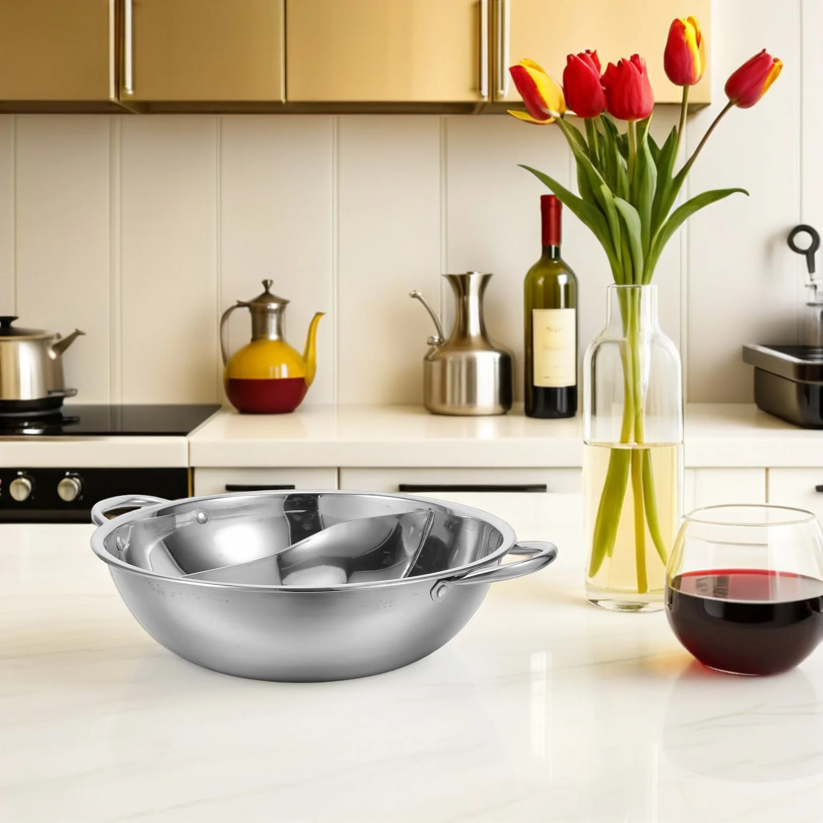 

11 Inch Stainless Steel Hot Pot Dual Flavor Divider Cookware Double Handle For Induction Gas Stoves - Korean Shabu Soup Pot