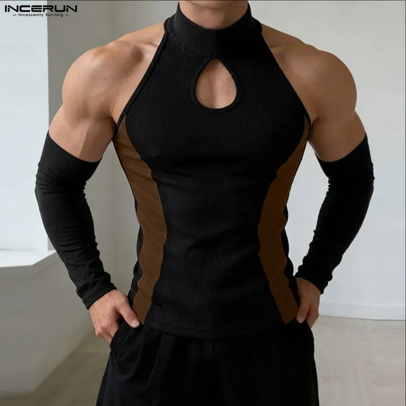 INCERUN Herren T-Shirt Patchwork Rollkragen Off-Shoulder Langarm Männer Tee Tops Streetwear Gestrickt 2026 Mode Lässig Camisetas