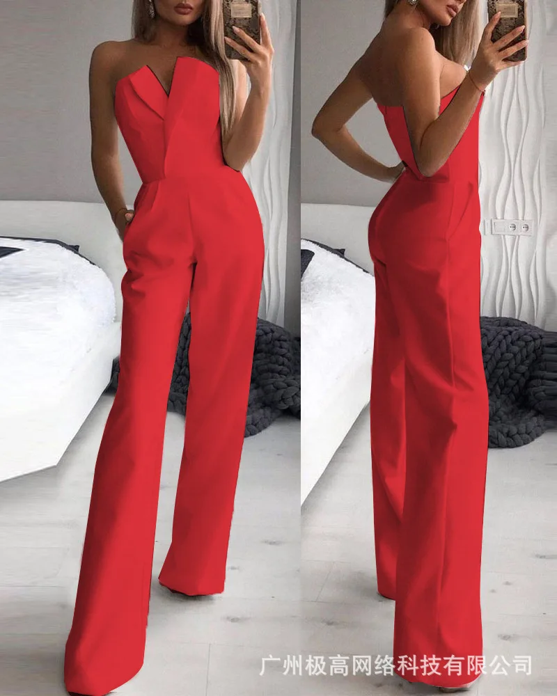 Jumpsuit wanita musim panas elegan, Jumpsuit tabung lurus desain saku pinggang tinggi Slim Fit tanpa tali Solid mode musim panas komuter elegan