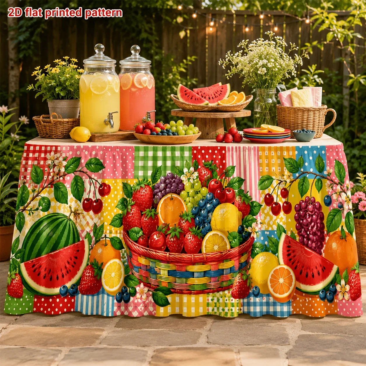 Polyester summer fruit patchwork printed table skirt, suitable for garden dinners, picnic, brunch, party or market eventsxzj