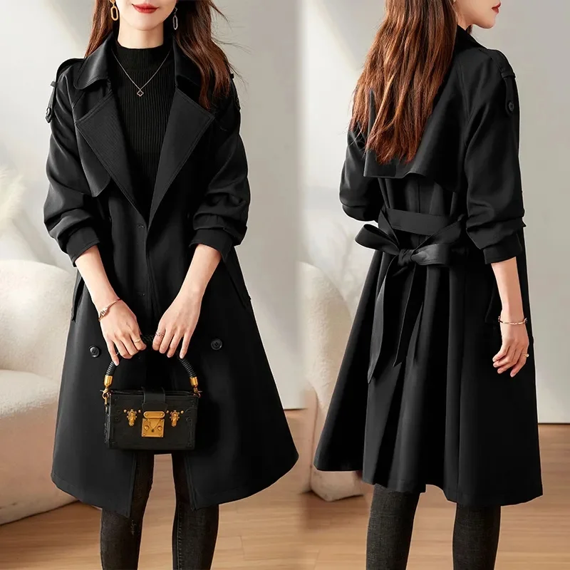 Femme Medium Long Styles Trench Jacket Spring Autumn Women High-grade Lined Outwear Korean Ladies Long Sleeves Windbreaker Coat