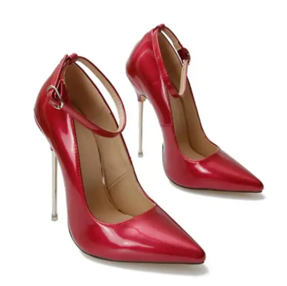 Pearl Pink Leather Metal Stiletto Pumps Cross Dresser Super high heel Pointed Toe ankle Strap Patent Leather Woman Shoes