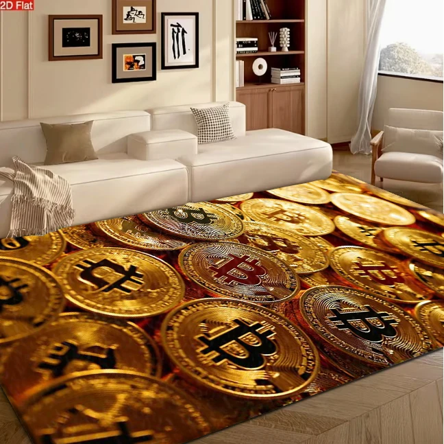 Golden Bitcoin Coin Art Pattern carpet flooring, Modern Crypto Theme Area Rug for Living Room Study Home Floor Ornament