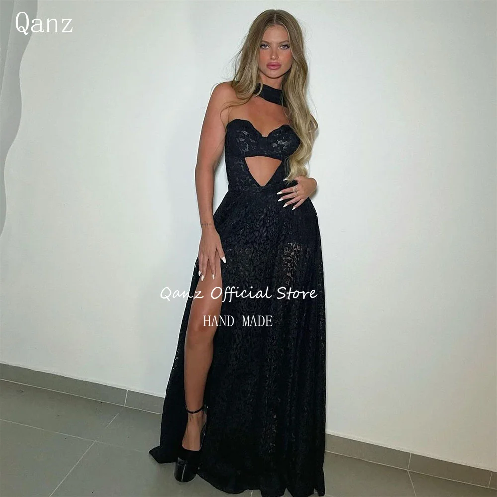 Qanz Luxury Lace Evening Dresses Woman Elegant 2024 Hgh Slit Black Detachable Long Sleeves Corset Back Long Party Dresses New