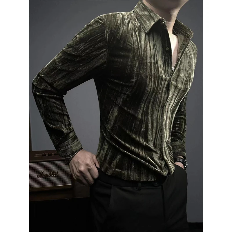 Camisas de terciopelo con solapa para hombre, Tops de manga larga delgados, superficie brillante, botonadura única, moda de lujo, informal, elegante, primavera y otoño